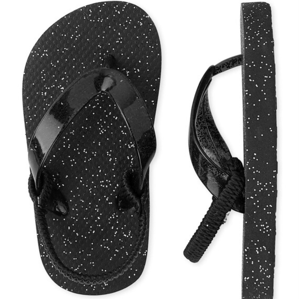 Toddler girl  black silver glitter flip flops With strap around the ankle New